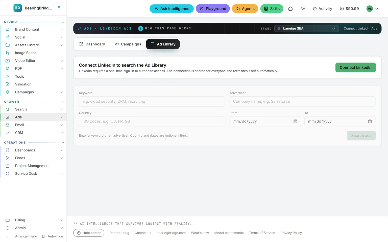 The Ad Library tab of LinkedIn Ads: the card for connecting LinkedIn, then the keyword, advertiser, country and date filters