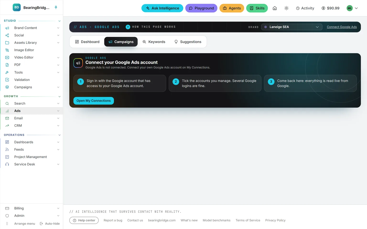 The Campaigns tab of Google Ads before an account is connected: sign in with the Google account that reaches your Google Ads account, tick the accounts you manage, then come back, everything is read live from Google