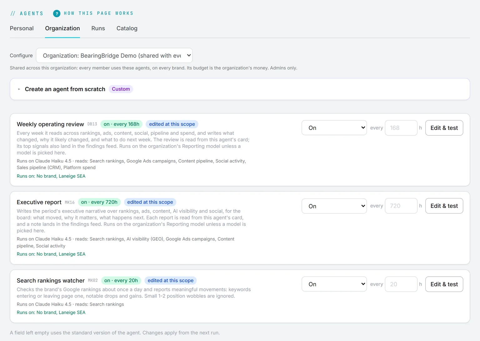 The organization tab of Agents: three agents, each with its model, its schedule, its data scope and an Edit and test control.