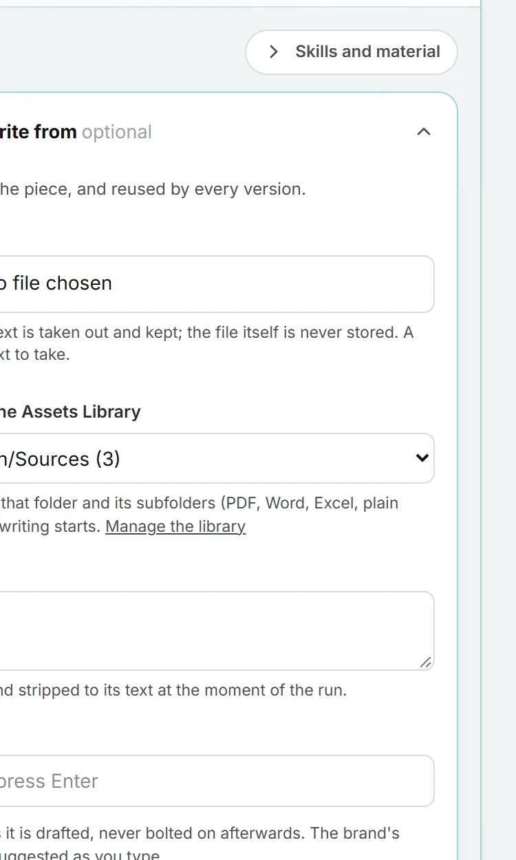 A blog post brief with the Glass Skin launch Sources folder chosen as material, and the hint that every document in it is read before the writing starts