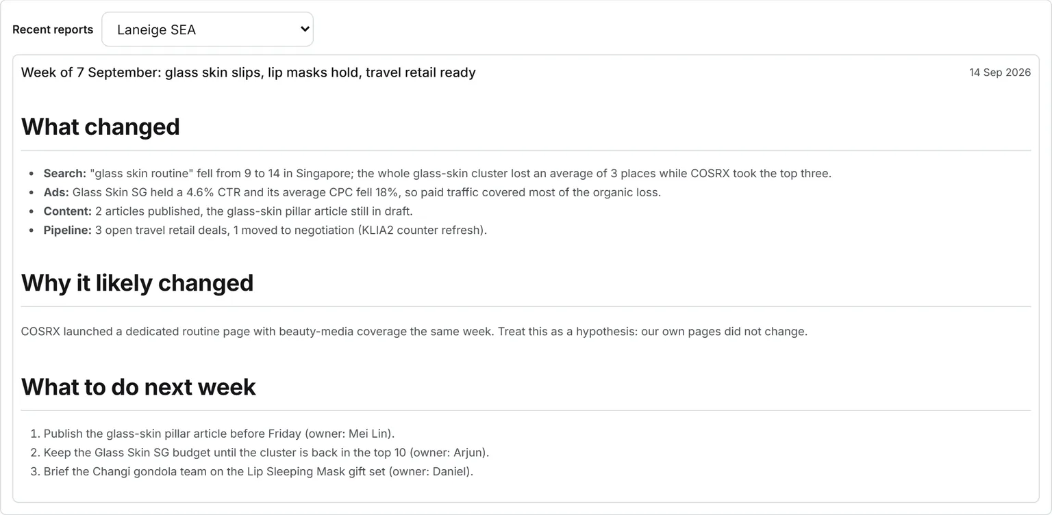 A weekly operating review on the agent’s card: what changed in search, ads, content and pipeline, why it likely changed with the hypothesis named as one, and three things to do next week, each with an owner