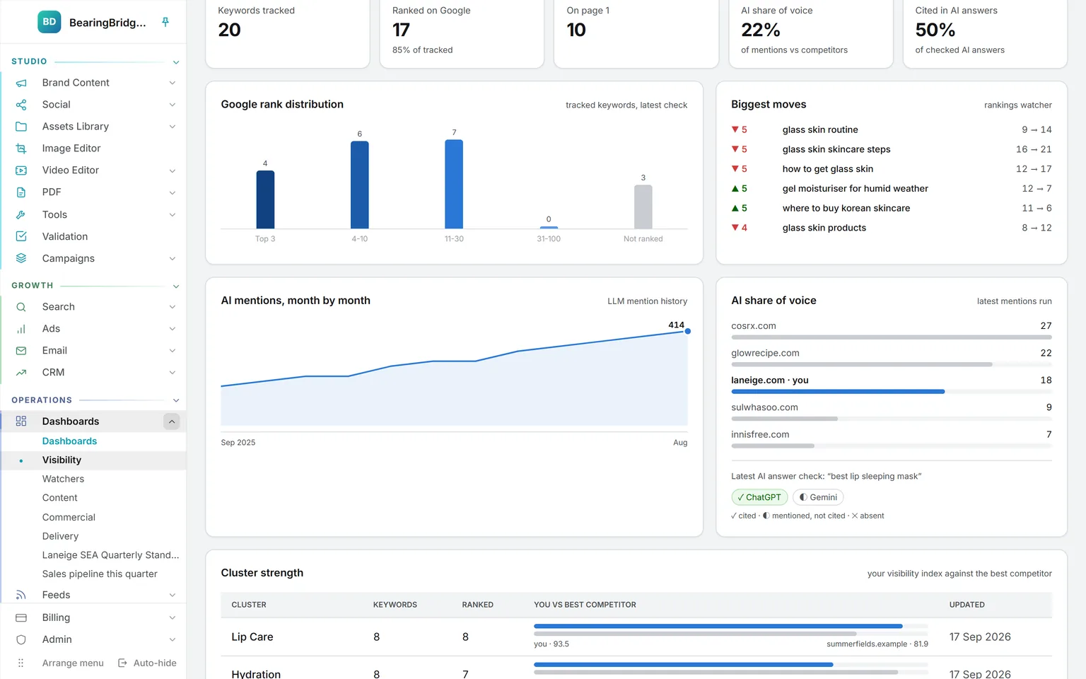 The Visibility dashboard: keywords tracked, ranked on Google, on page one, AI share of voice, cited in AI answers, a rank distribution chart, the biggest moves and AI mentions month by month