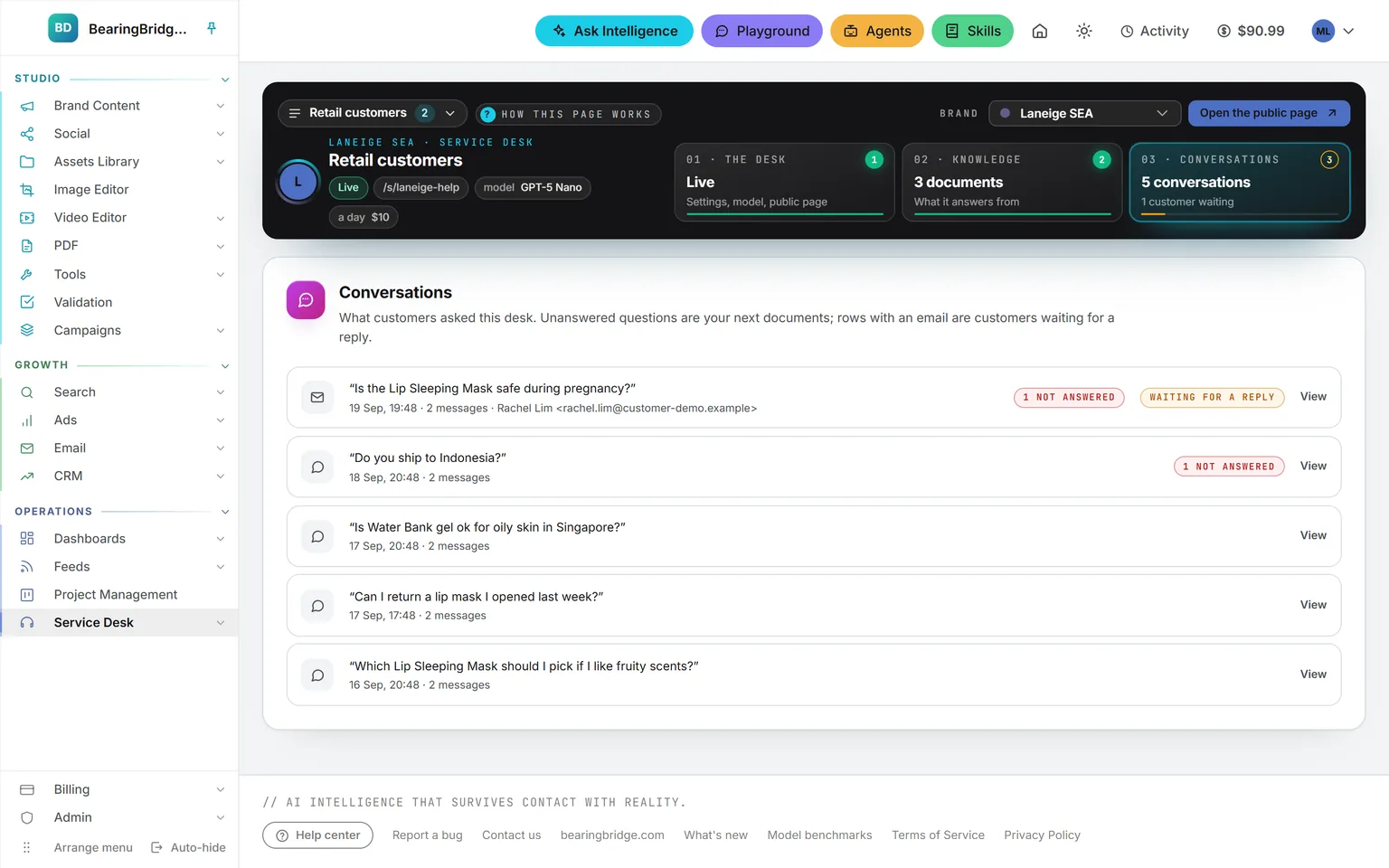 The Conversations tab of a desk: five questions customers asked, two marked not answered, and one waiting for a reply with the address the customer left