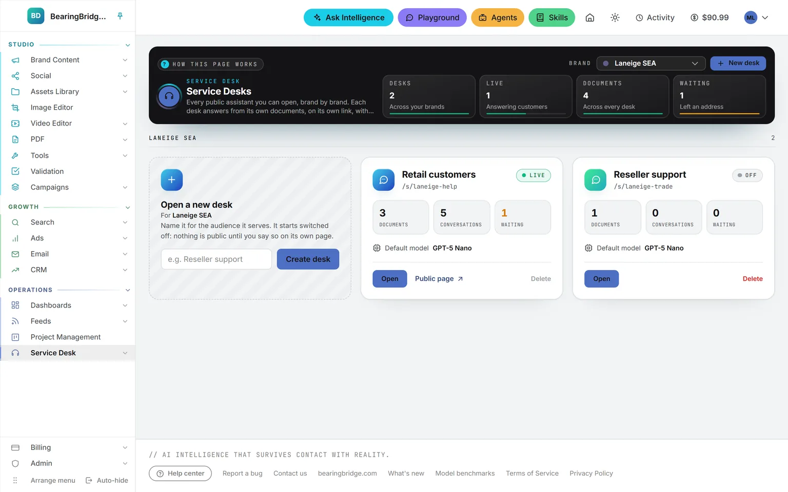 The Service Desks page of the demo brand: two desks, Retail customers live and Reseller support switched off, each with its documents, conversations, customers waiting and model