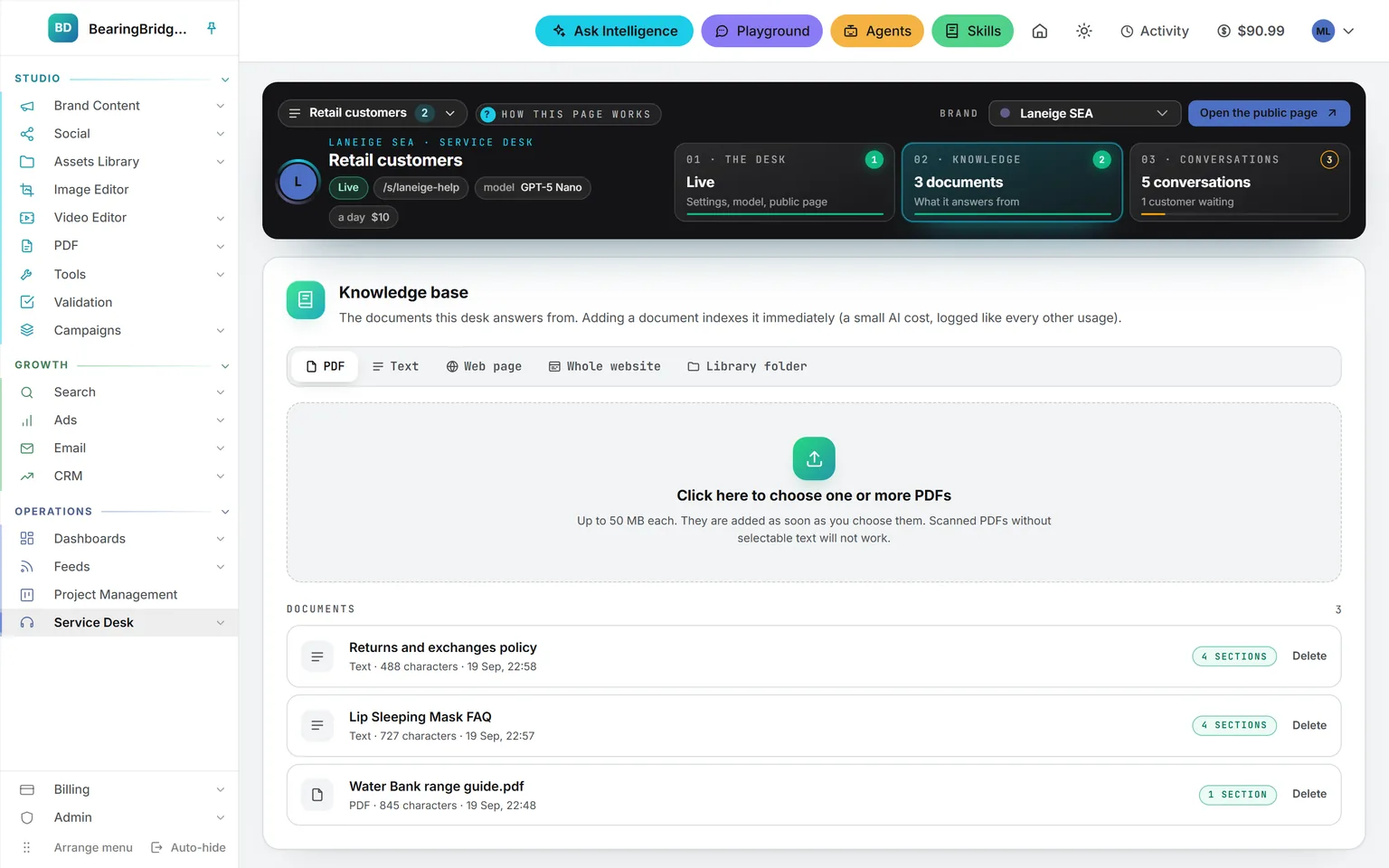 The Knowledge tab: a control for PDF, text, web page or library folder, and a list of documents with their length and section count
