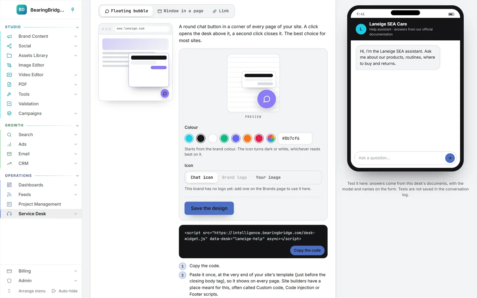 Add it to your website: a mock browser showing the floating chat button on a site, colour and icon choices with a live preview, and the one line of script to copy