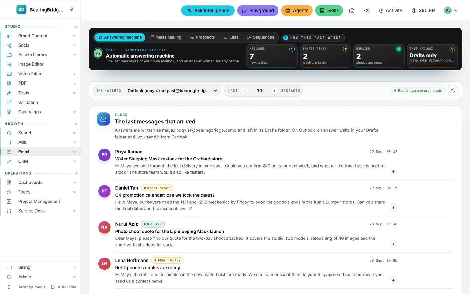 The Automatic answering machine of an Outlook mailbox: seven messages, two drafts ready and two replied in the band, and the inbox listing a restock request, a promotion calendar question, a photo shoot quote and a sample request, each with its state