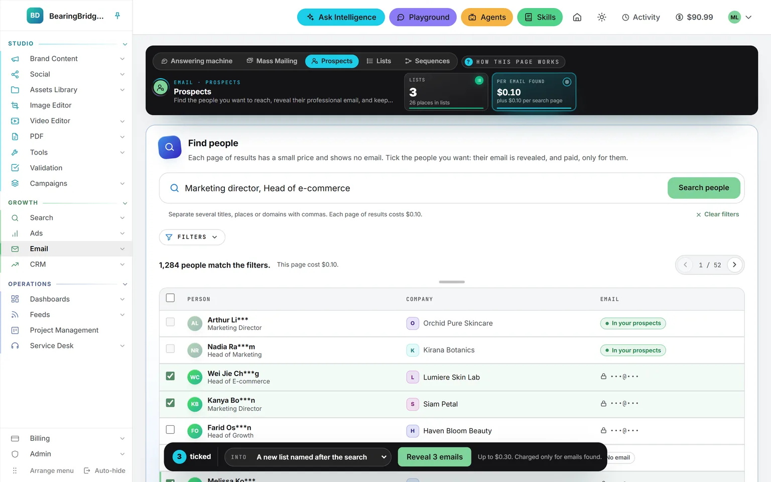 A search for marketing directors and heads of e-commerce: 1,284 people match, each with a job title and company, the email hidden behind a lock, people already held marked In your prospects, and three ticked in the bar that reveals them