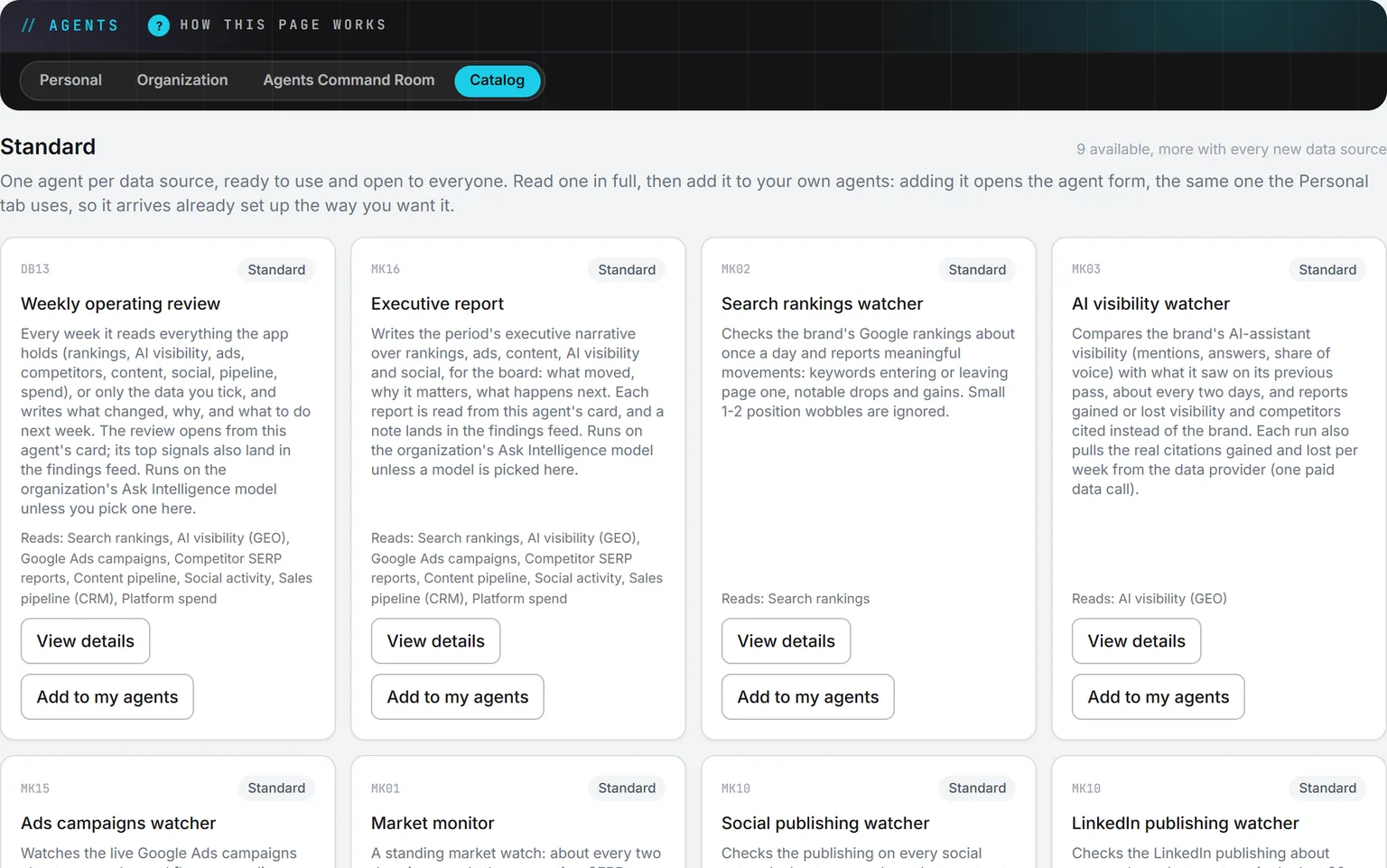 The Catalog tab of Agents: the standard weekly operating review, executive report, search rankings watcher, and AI visibility watcher, each naming the data it reads, with View details and Add to my agents.