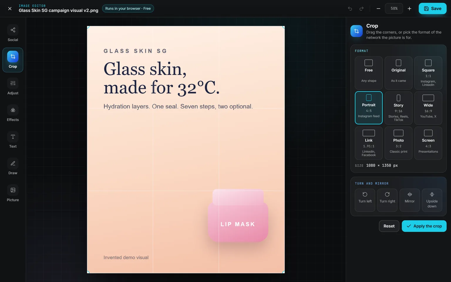 The Crop panel of the Image editor on a Glass Skin campaign visual, Portrait 4:5 picked for the Instagram feed, the frame over the picture and the turn and mirror buttons