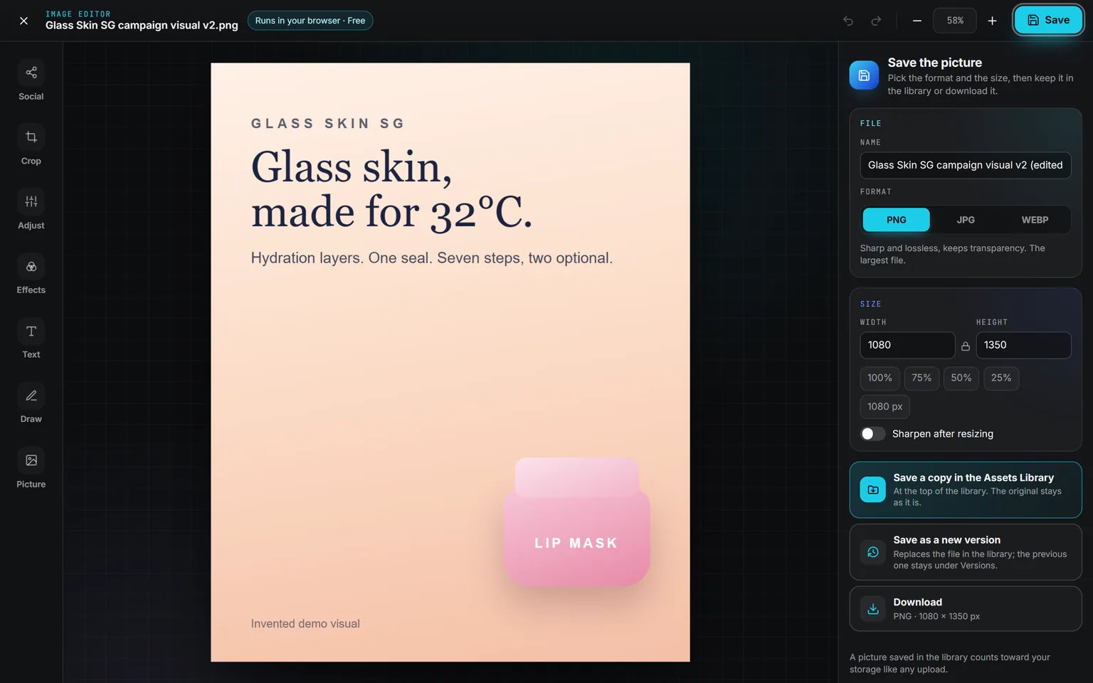 The Save the picture panel: the name ending in (edited), PNG, JPG or WEBP, the width and height locked together with 100, 75, 50 and 25 percent, and Save a copy in the Assets Library, Save as a new version or Download