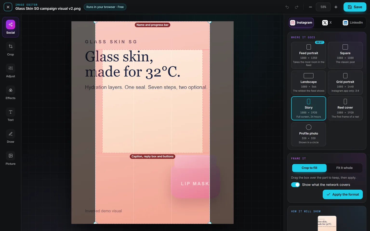 The Social panel set to Instagram, Story picked, the crop box over the campaign visual with the Name and progress bar zone at the top and the Caption, reply box and buttons zone at the bottom