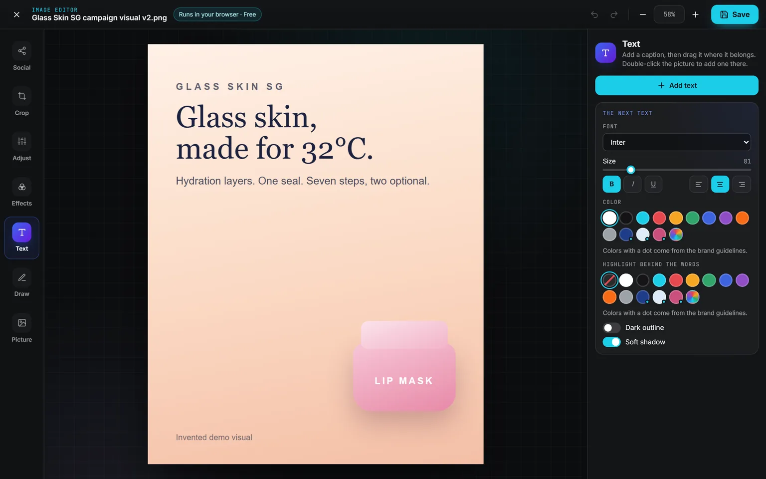 The Text panel: Add text, the font, size, bold, italic, underline and alignment, the colors with the brand’s own marked by a dot, a highlight behind the words, a dark outline and a soft shadow