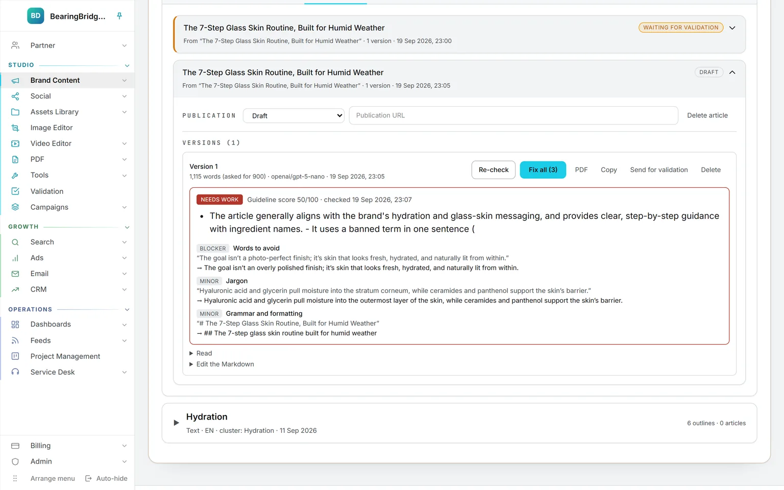 An article drafted from a validated outline, with a guideline score of 50 out of 100, the blocker and minor issues it found, and Fix all next to Re-check, PDF, Copy and Send for validation