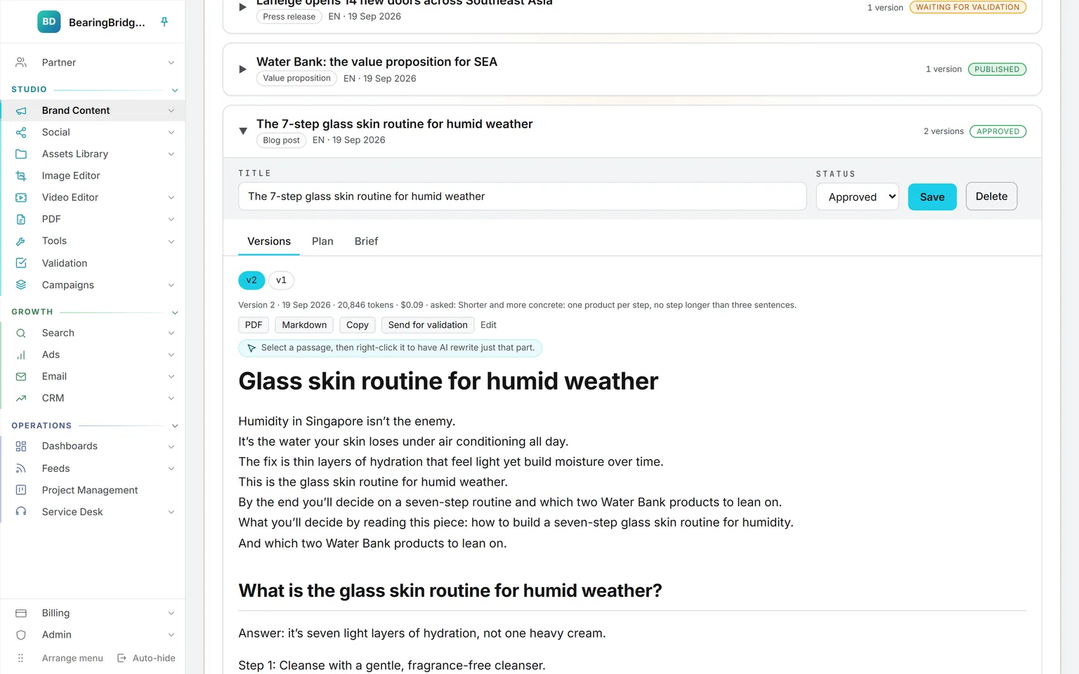 A blog post in its second version, approved, with its token count and price, PDF and Markdown export and Send for validation, above the list of every piece written for the brand