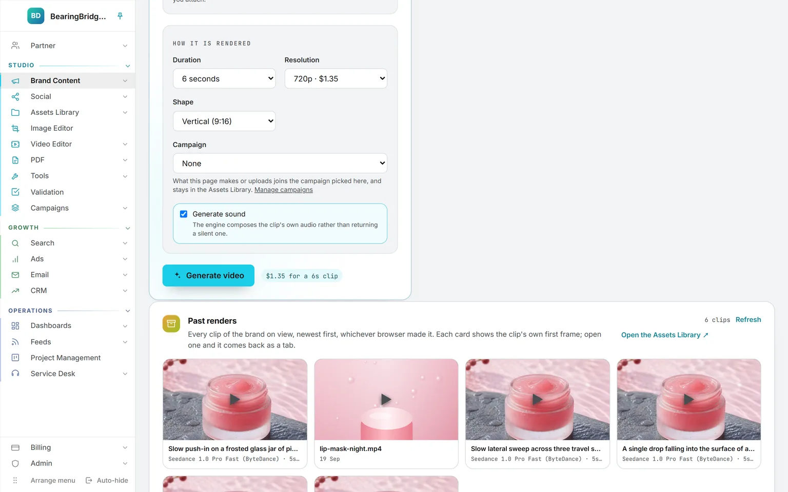 The video studio’s render settings: six seconds at 720p in vertical shape with sound generated, priced at $1.35 before the render, above the six past renders of the brand, lip mask jars among them
