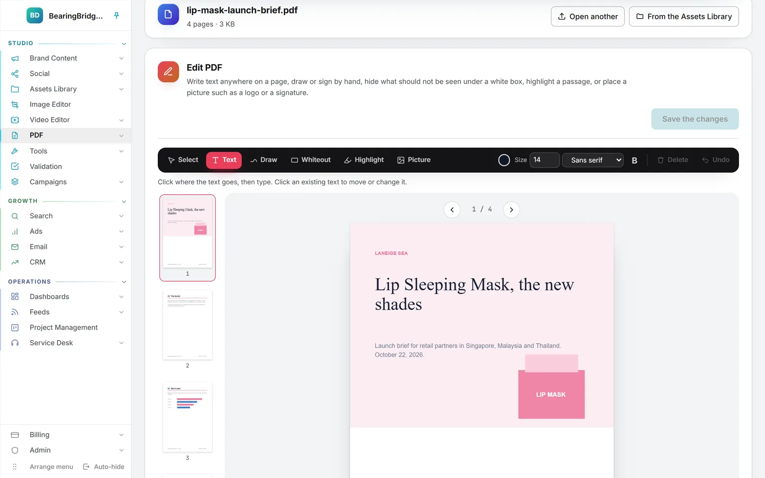 Edit PDF on a four-page launch brief: the Select, Text, Draw, Whiteout, Highlight and Picture tools above the page, the size and font, the page strip on the left and Save the changes