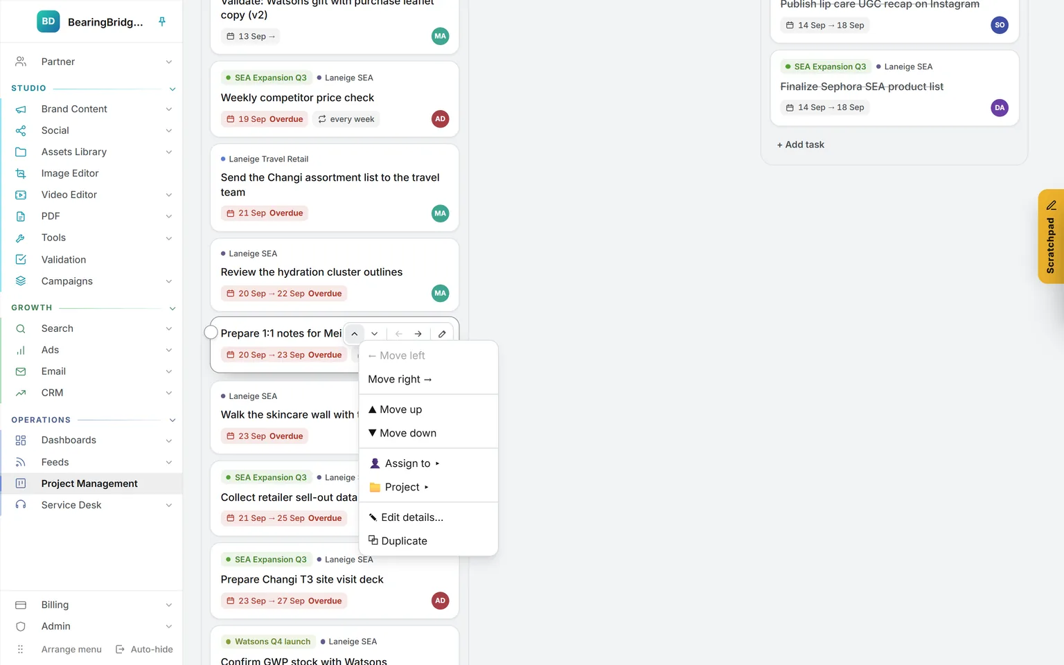 The Kanban lanes To Do, In Progress and Done, with the right-click menu of a card open: move, assign, change project, edit, duplicate