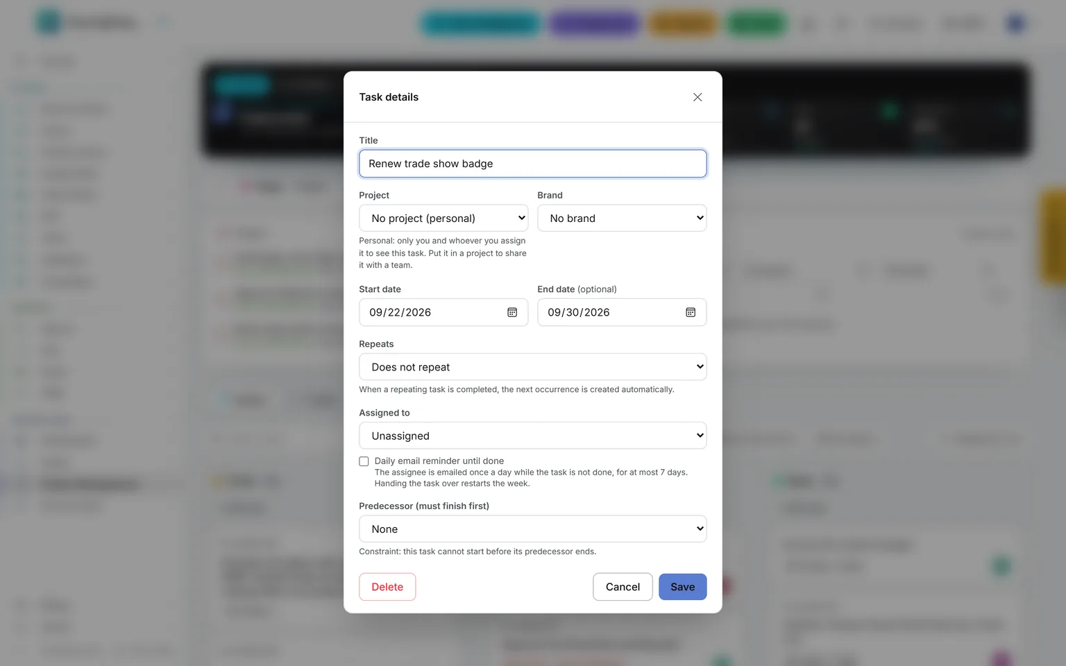 The task editor of a personal task: no project, a note that only its author and assignee see it, repeat, assignee, daily reminder and predecessor