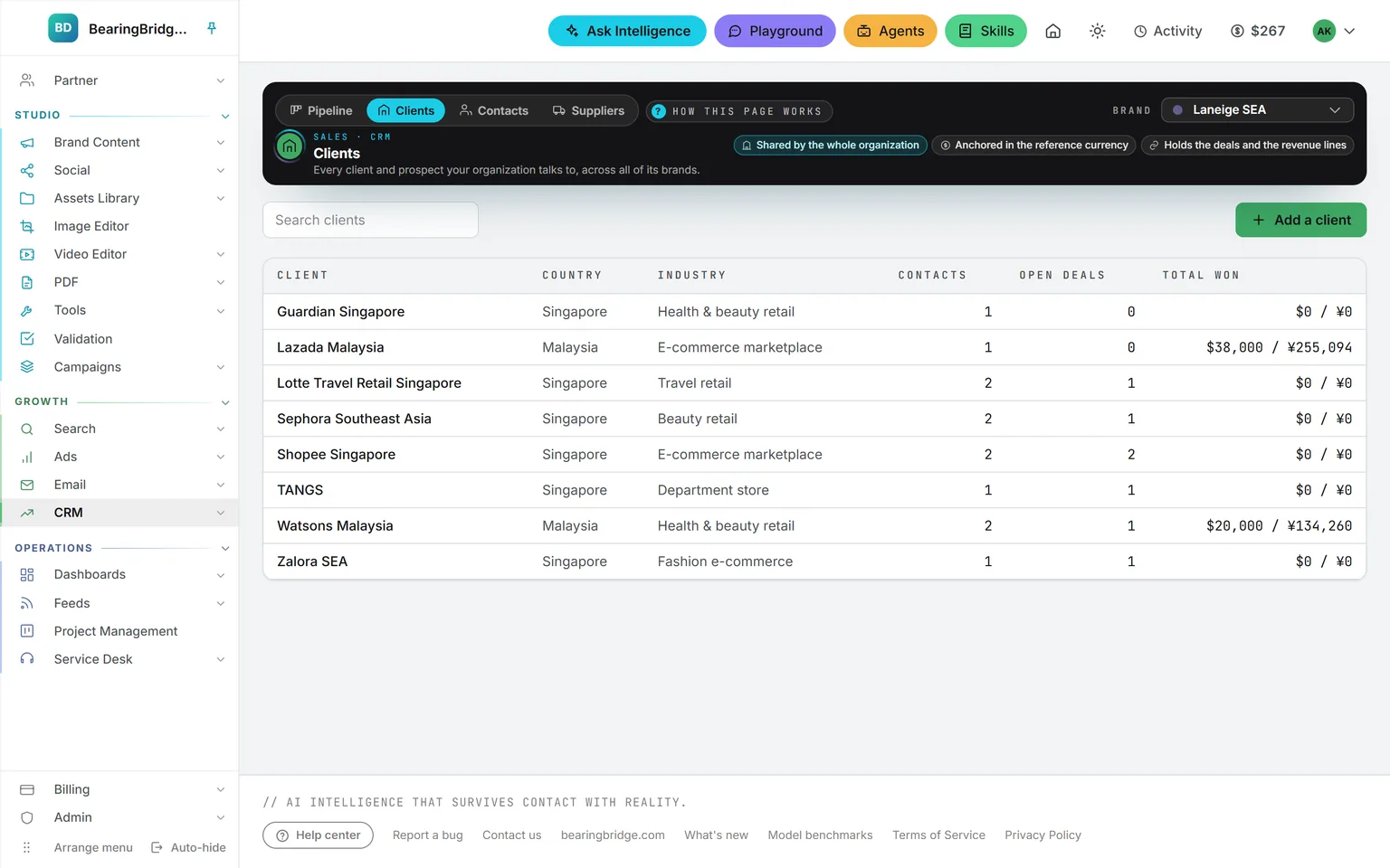 The client list: country, industry, contacts, open deals and total won per client