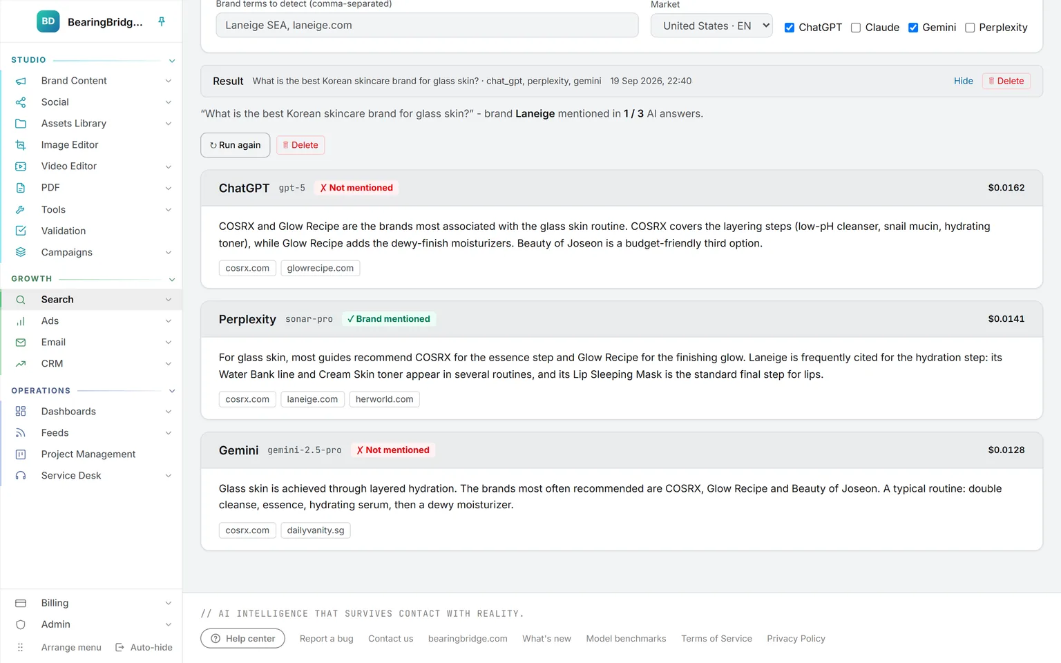 Ask the AIs: one buyer question answered by ChatGPT, Perplexity, and Gemini, whether Laneige was named in each, the sources cited, and the cost of each call