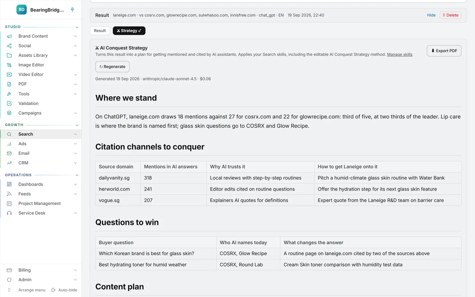 The AI Conquest Strategy for one AI Visibility result: where Laneige stands, citation channels to conquer, and questions to win
