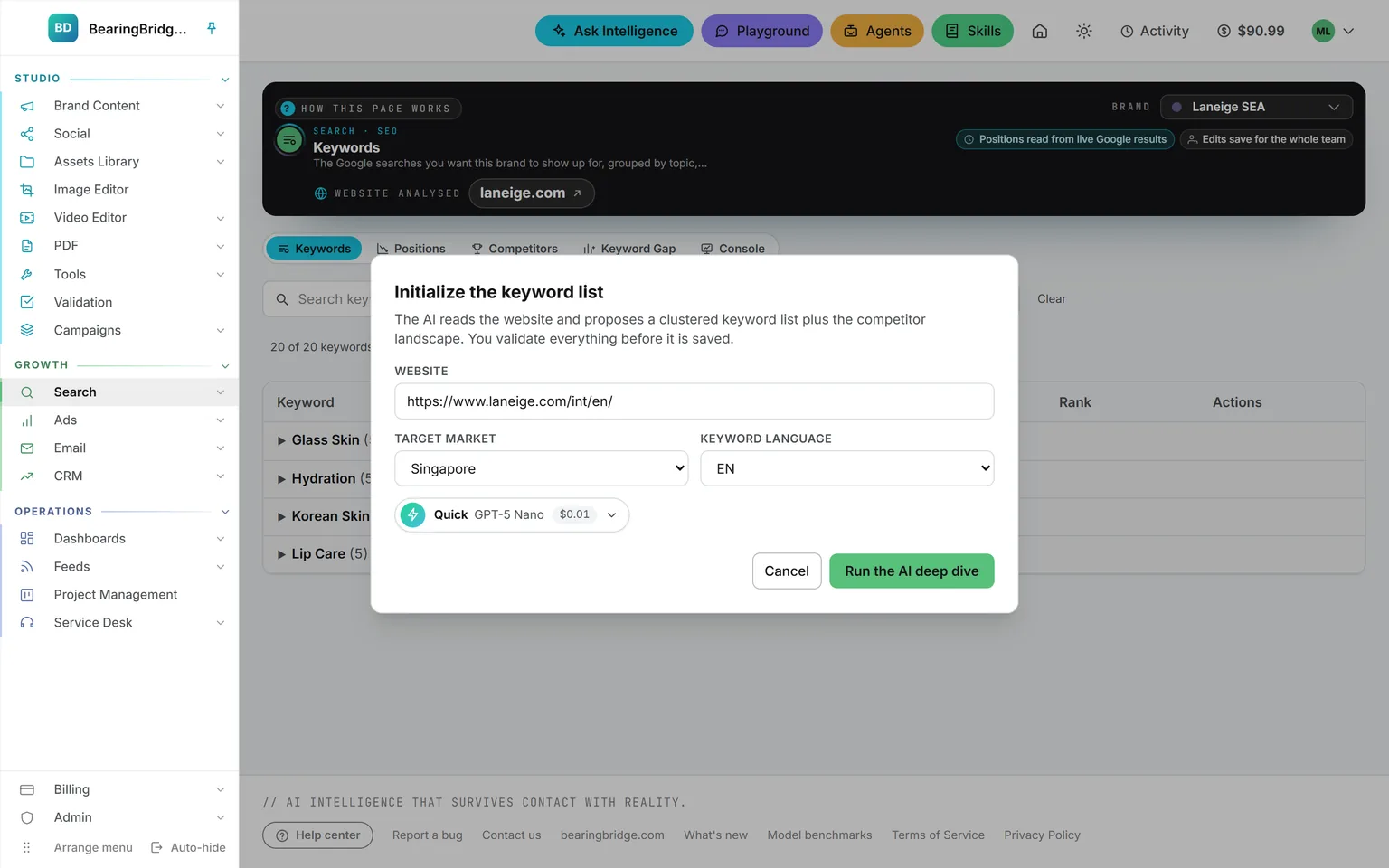 The Initialize with AI form: website, target market, keyword language, and the model that will run it