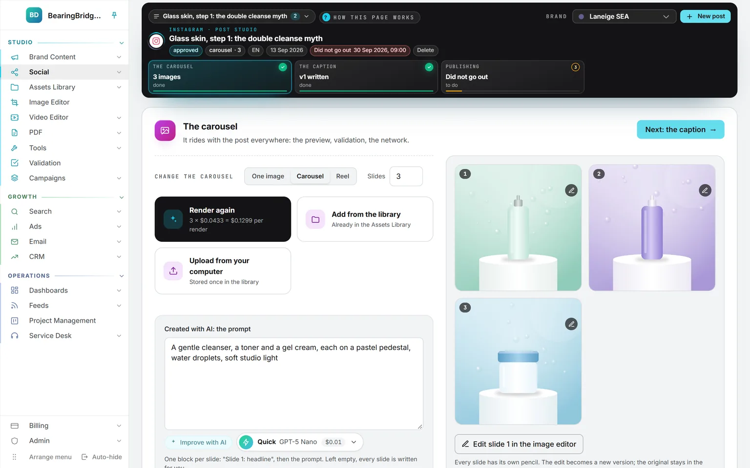 An Instagram carousel at step 01 with three product pictures, the choice of one image, carousel or reel, and three ways in: render again, add from the library, upload from your computer