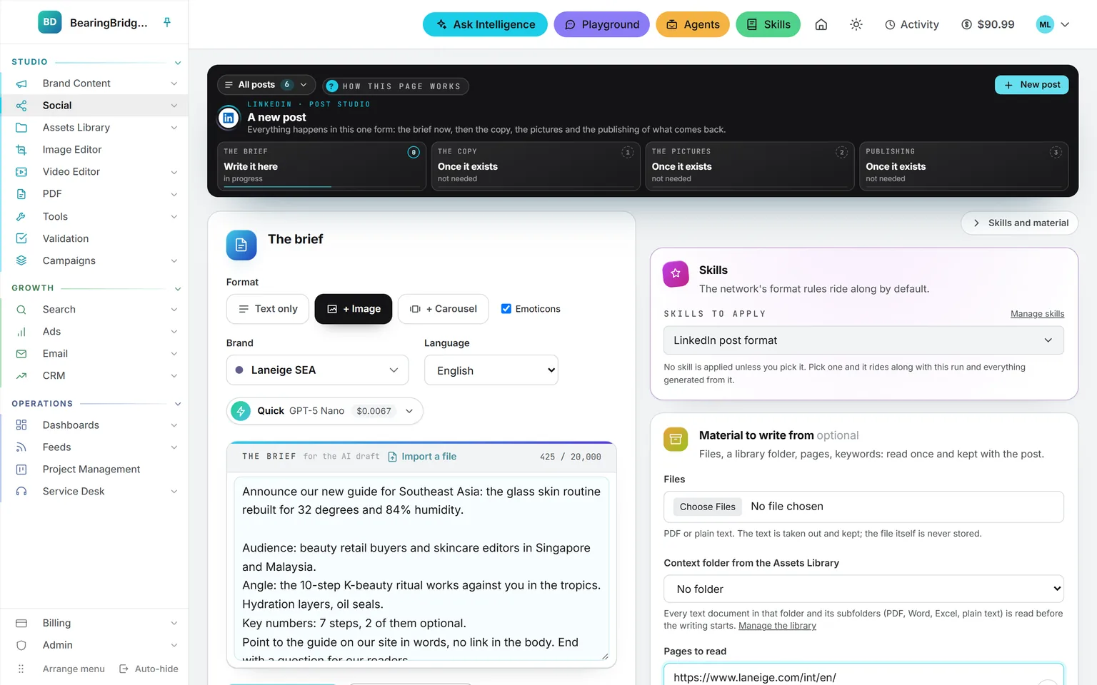 A new LinkedIn post: the shape set to text and image, language and model above the brief, the brief with an Import a file link and a 425 of 20,000 character count, beside the skills and the material to write from