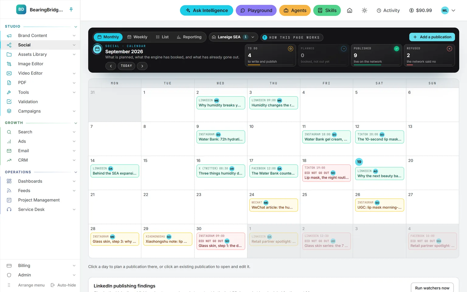 The September calendar for Laneige SEA: 4 to do, 0 planned, 9 published and 2 refused in the band, posts to do in amber, published posts in green with their hour and the person in charge, a TikTok and an Instagram post a network refused in red, and WeChat and Xiaohongshu items