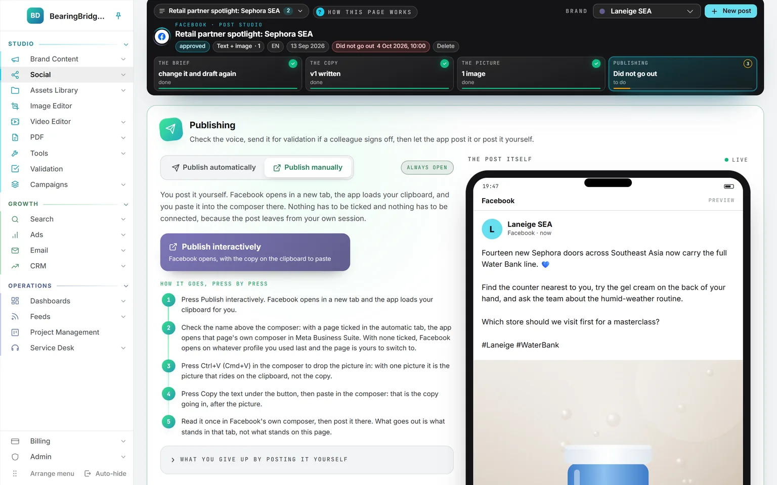 The publishing step of a Facebook post with Publish manually selected: a Publish interactively button, five numbered steps to post it yourself in the page’s composer, and the post previewed with its picture