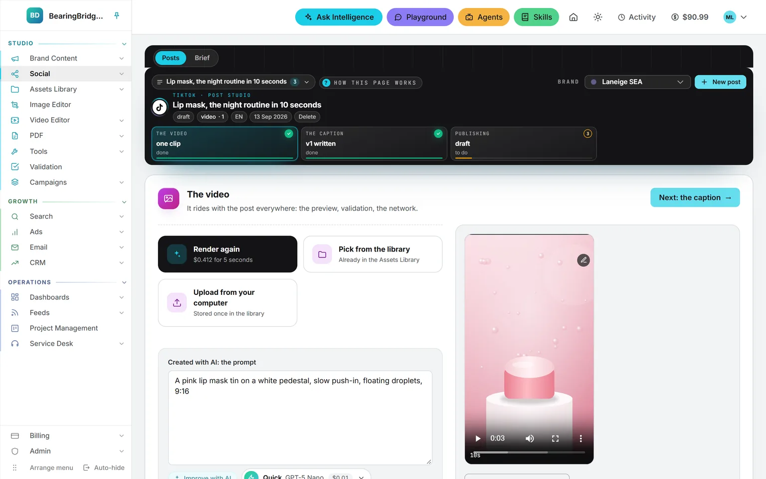 A TikTok post at step 01 with a 10-second vertical clip in the player, the caption and publishing shown as the next steps