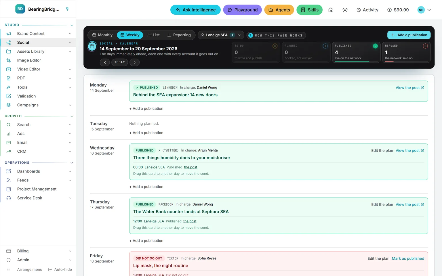 The weekly calendar from September 14 to 20: published posts with the hour they went out, the account and the person in charge, and a TikTok post that did not go out