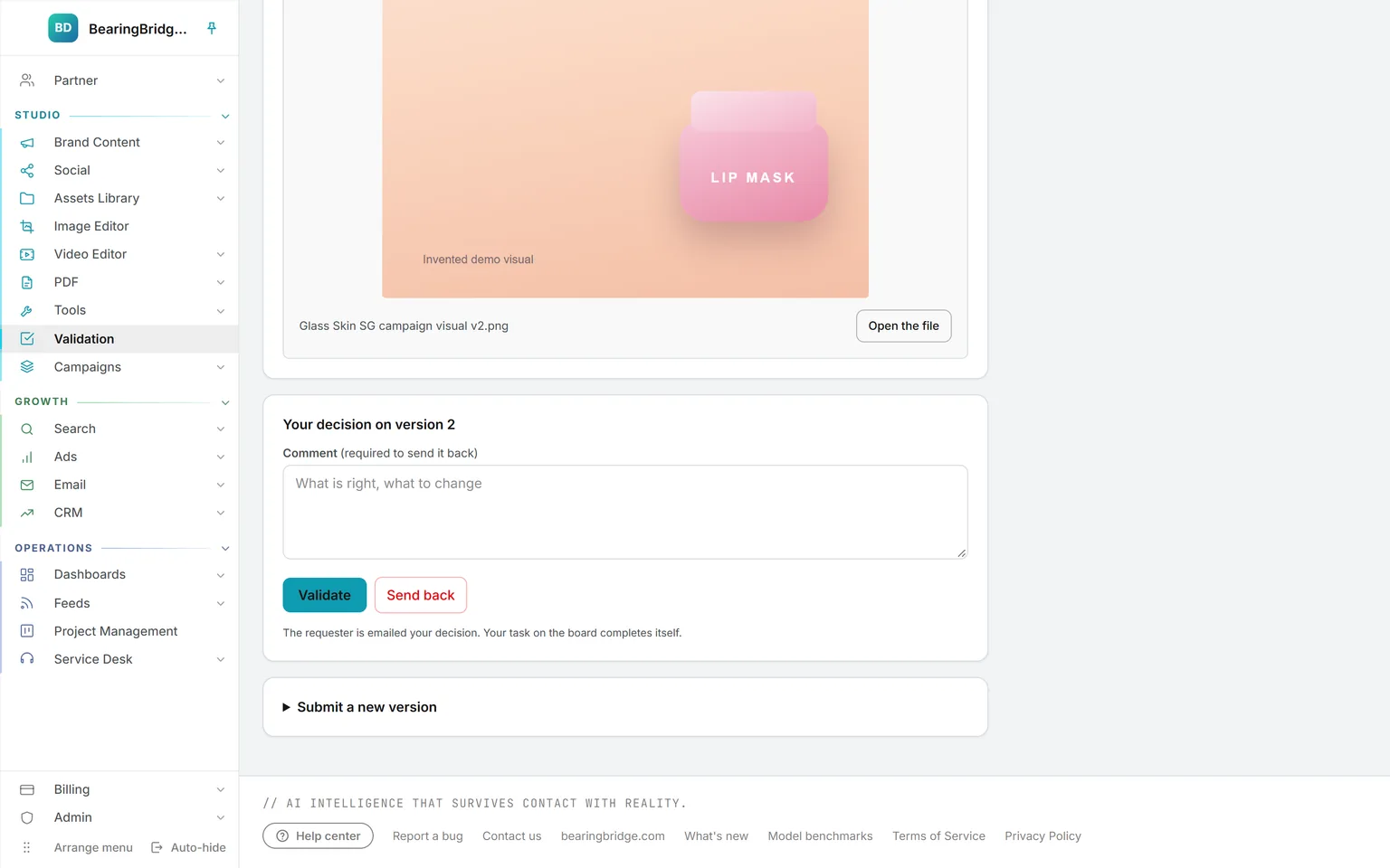 The decision box under a pending asset: a required comment field, Validate in green and Send back in red