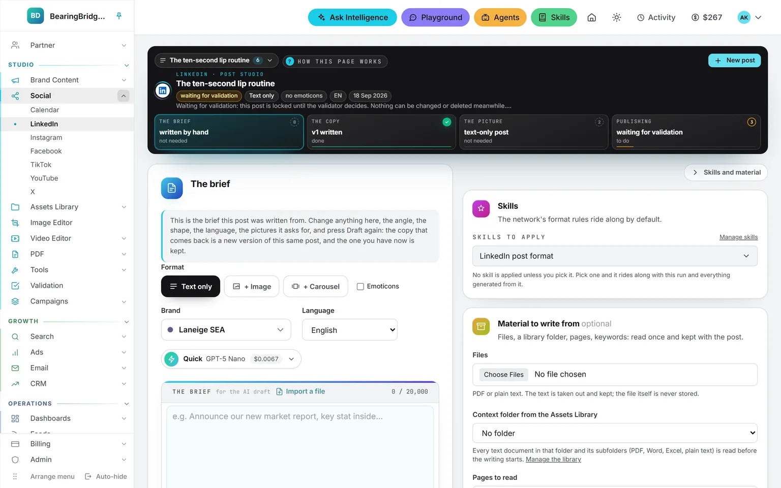A LinkedIn post in the Social studio marked waiting for validation, with a note that the post is locked until the validator decides