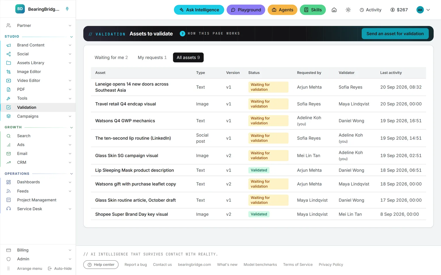The Validation page with its three tabs, Waiting for me, My requests and All assets, and four assets with their type, version, status, requester and validator