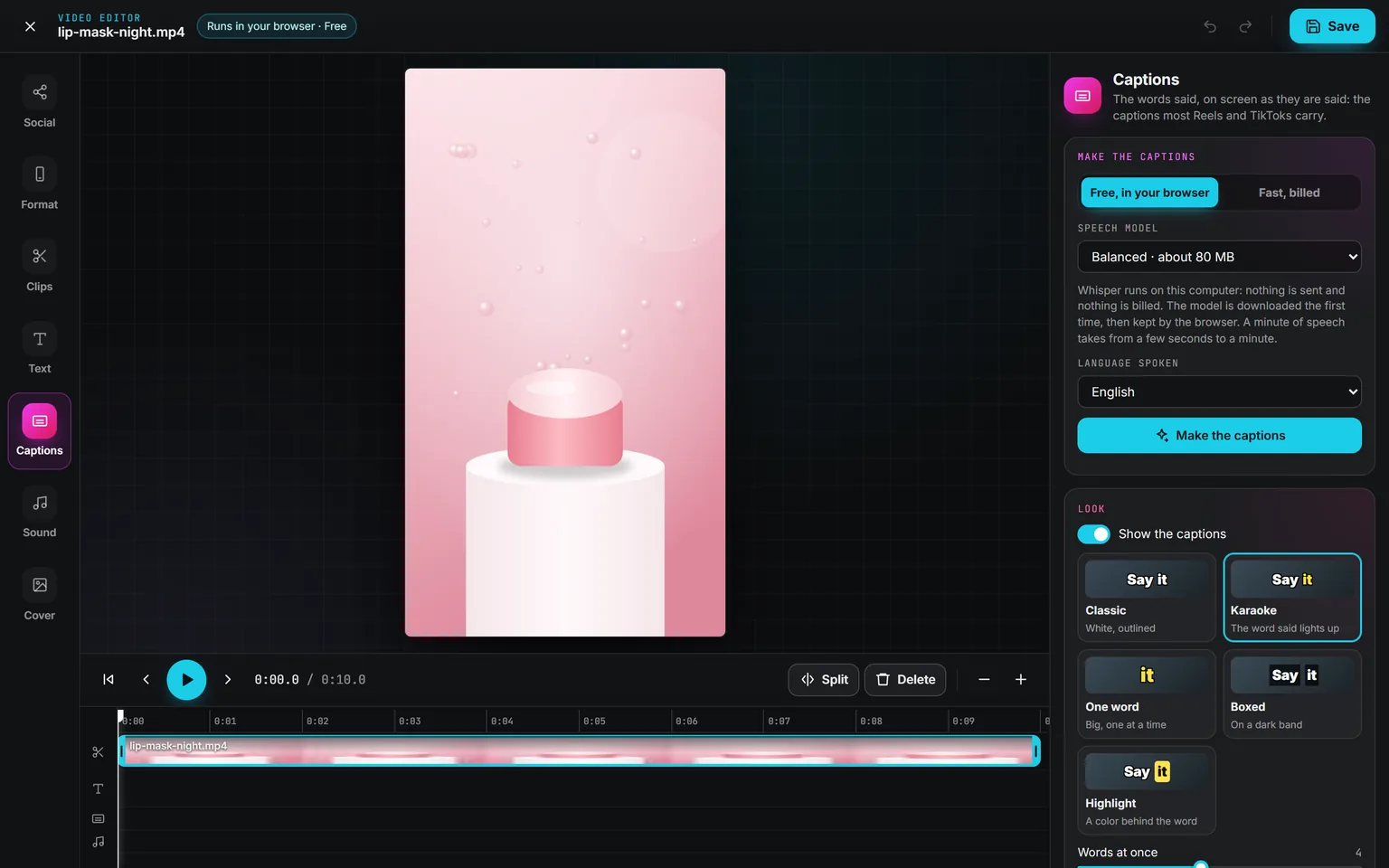 The Captions panel set to Free, in your browser, with the speech model, the language spoken and the five caption looks: Classic, Karaoke, One word, Boxed and Highlight