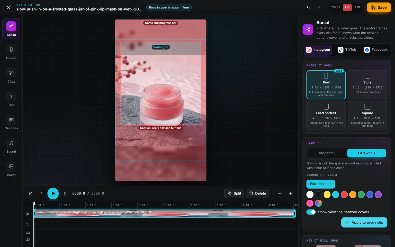 The Social panel set to Instagram, Reel picked and fitted whole over a blurred copy, the red zones for the name and progress bar and for the caption, reply box and buttons, and the dashed profile grid