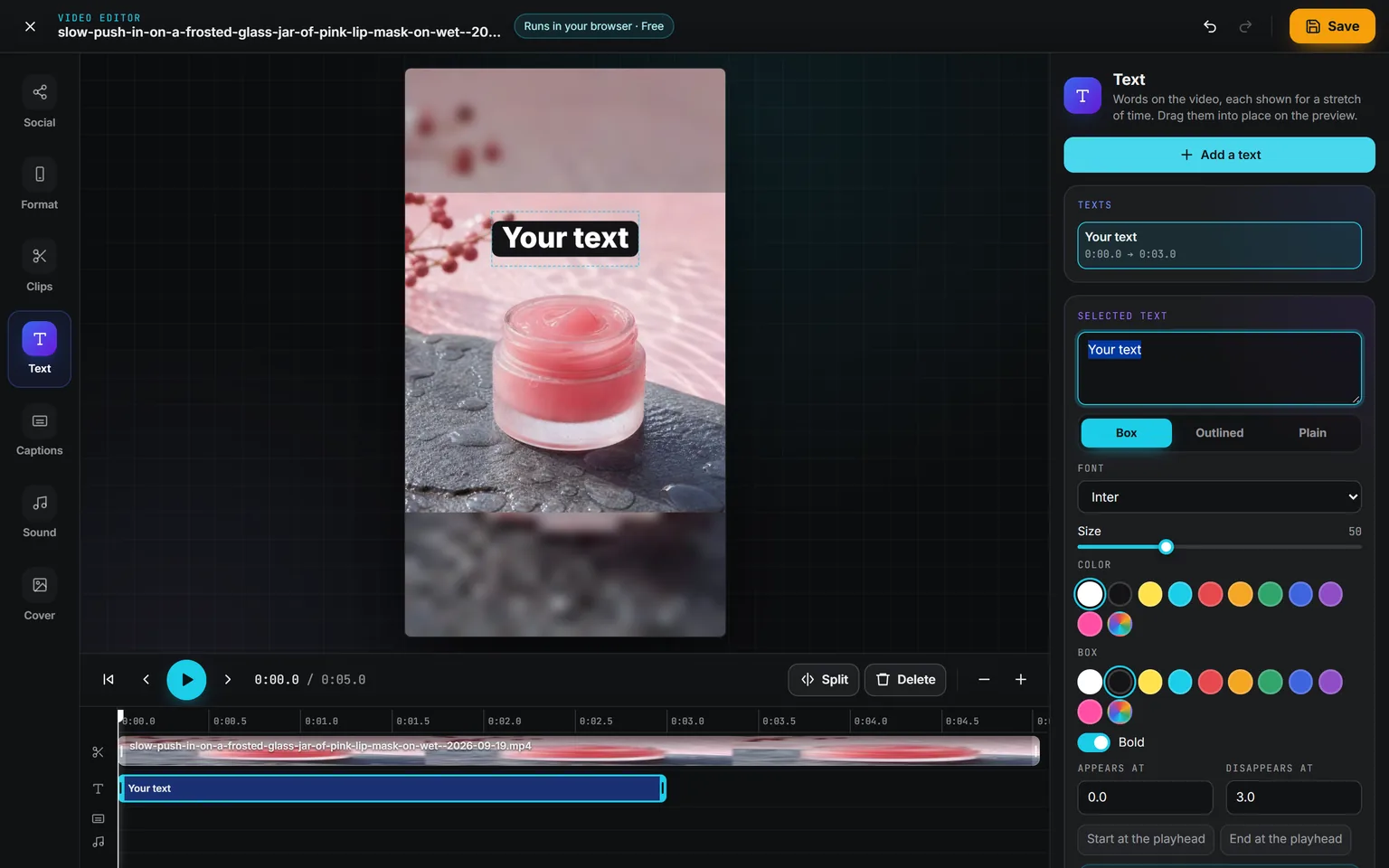 The Text panel with a text added on the clip, its style, font, size and colors, and the times it appears and disappears, its bar on the timeline