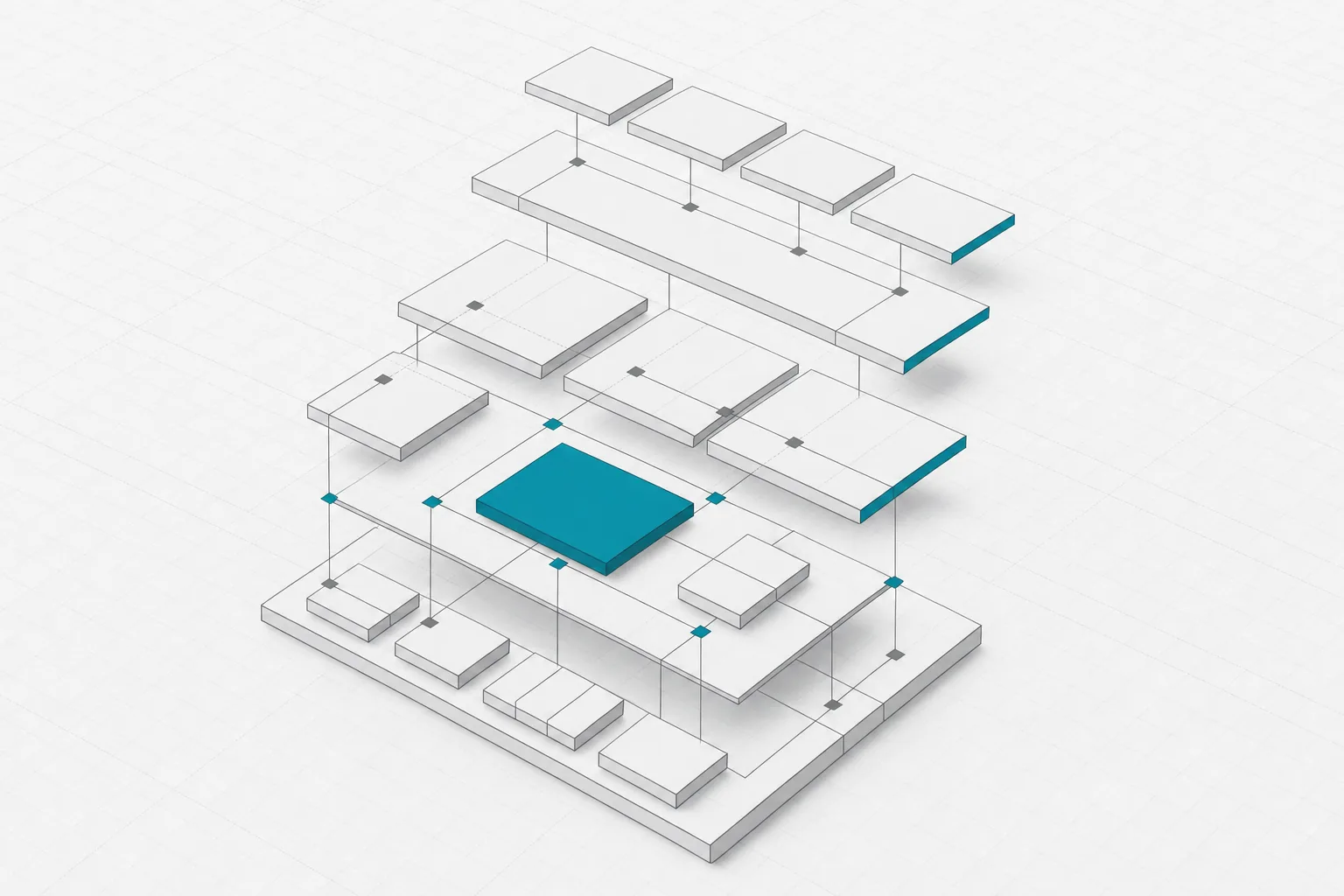 Isometric stack of pale grey slabs wired together on white, with one layer filled deep cyan