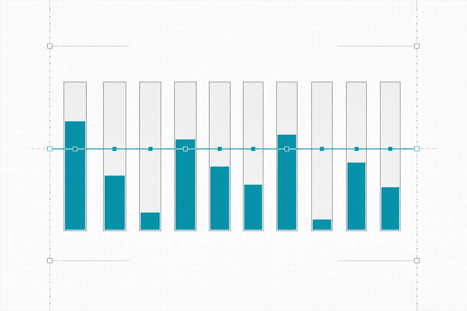 Ten pale meter tracks filled to different levels in deep cyan, cut by one horizontal cyan limit line