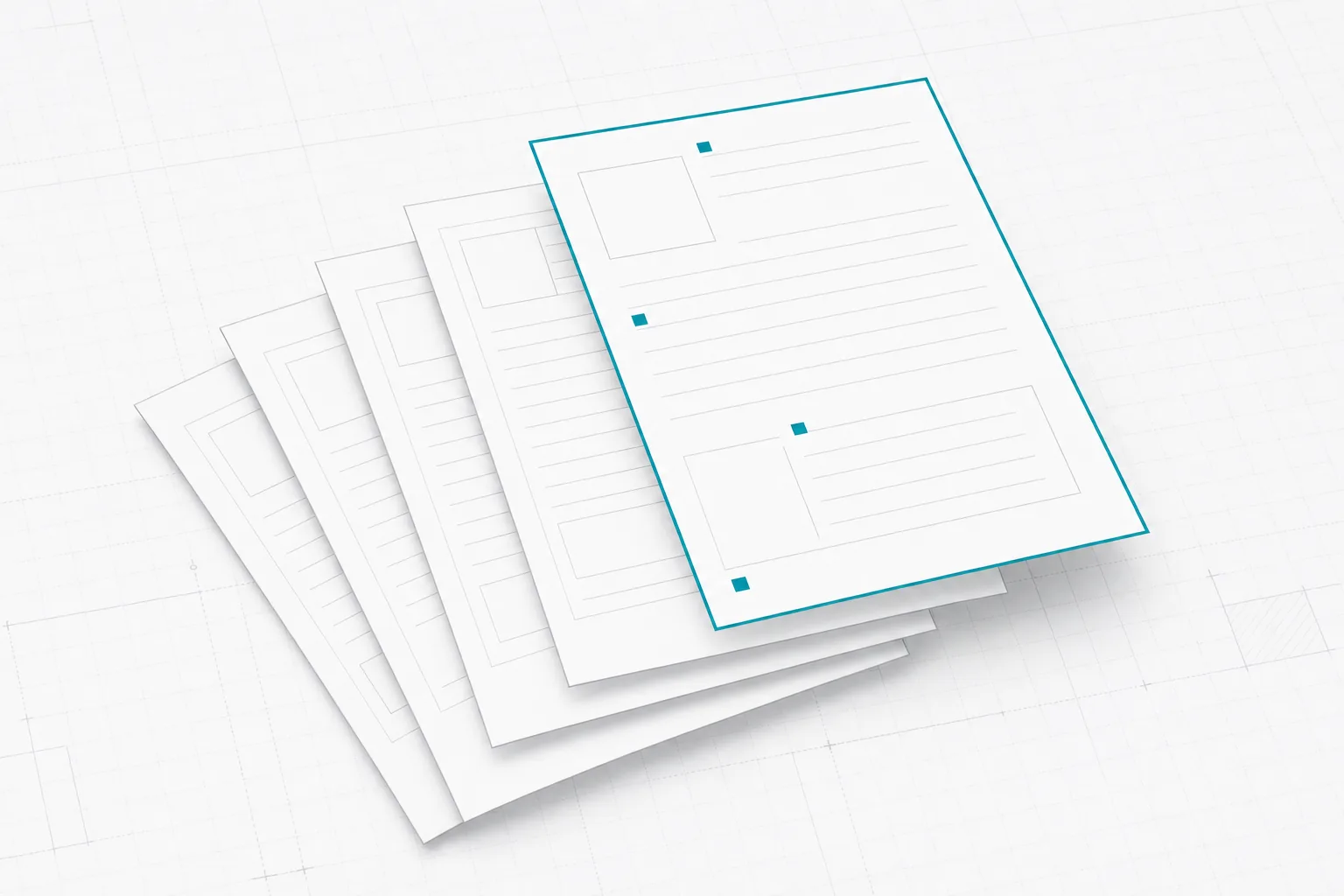 A fanned stack of white ruled sheets with the top one edged in deep cyan