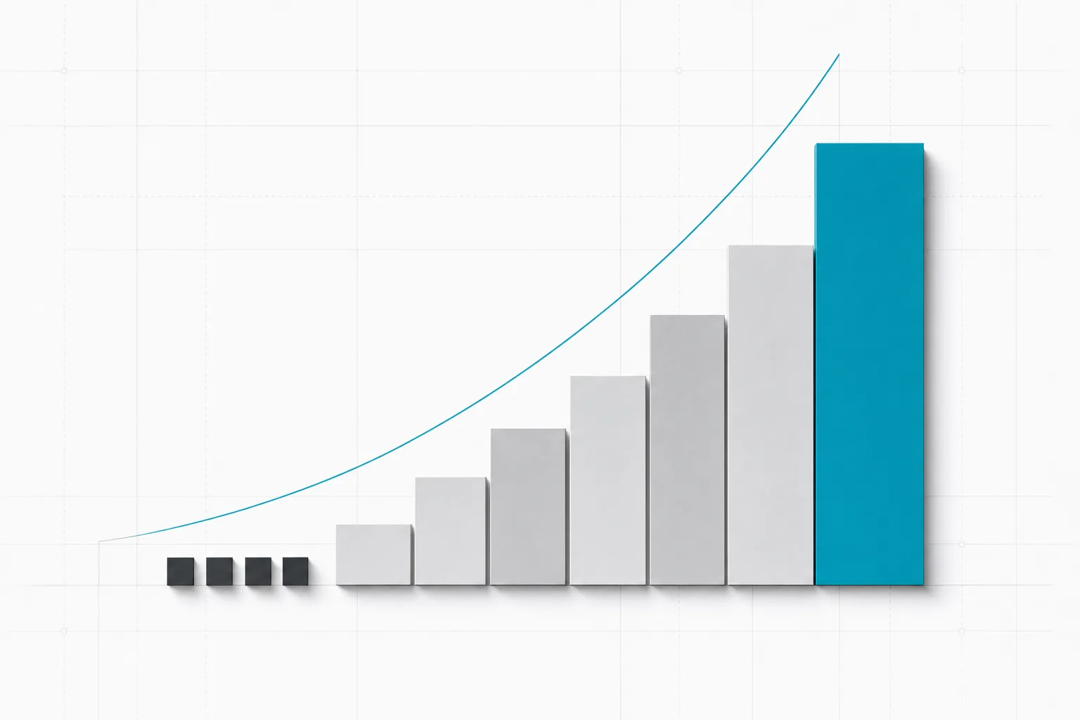 A row of pale grey blocks climbing steeply to a single tall deep cyan block, a hairline curve tracing the rise
